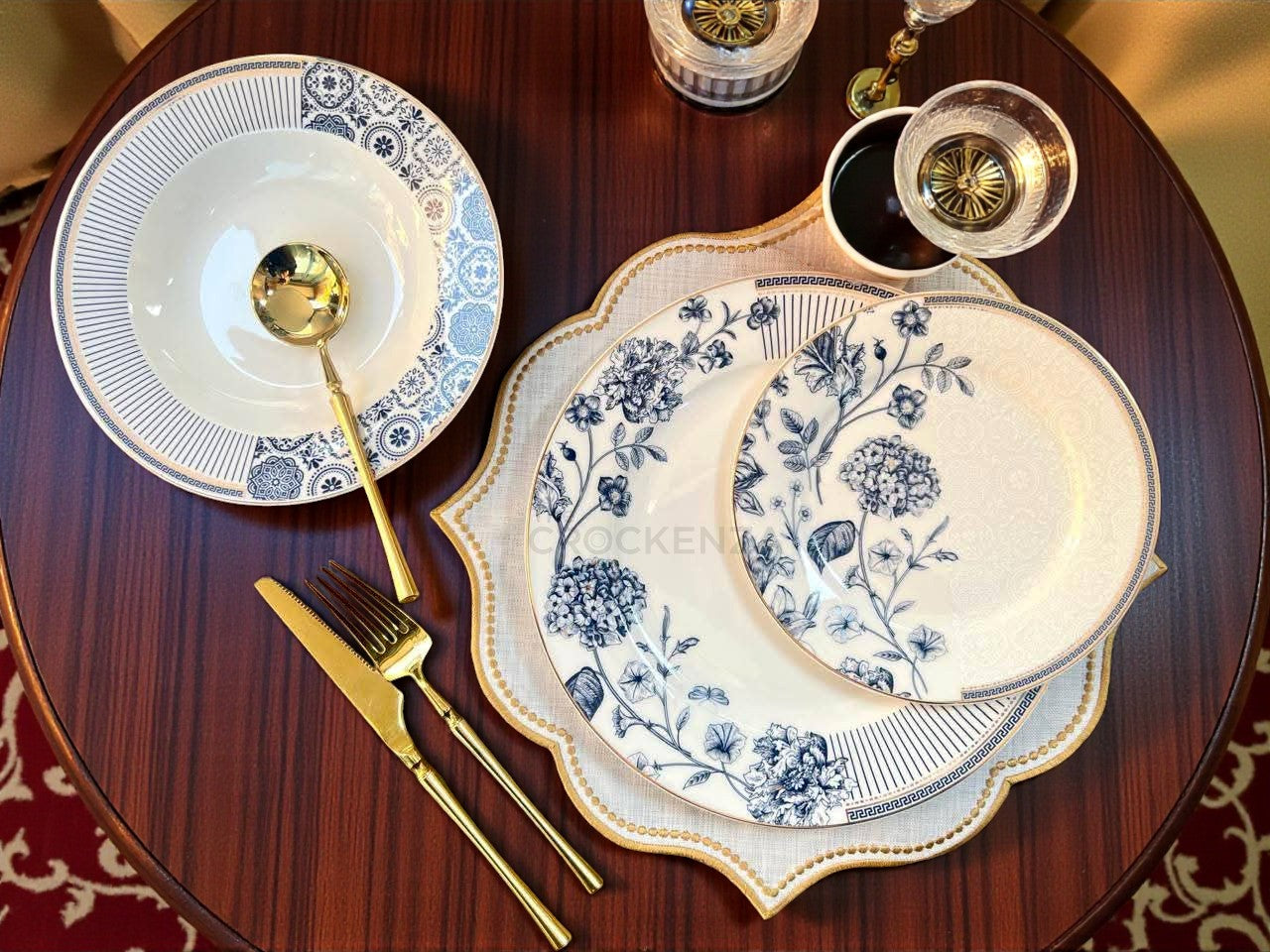 Embossed Scroll & Hydrangea 18-Piece Johnson Bros inspired Bone China Plate Set - Blue & White