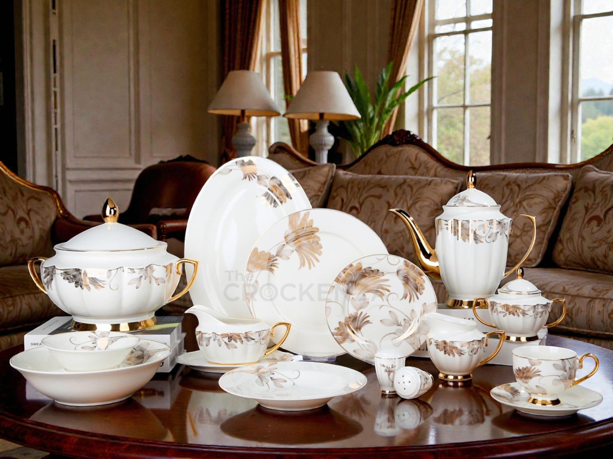Imported Johnson Bros Inspired Luxury Gold-Leaf Complete Dining Set — 65 & 89 Pcs Serving