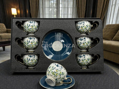 Premium 12-Piece Botanical Cups & Saucers Set — Fresh Blue & Green Leaf Johnson Bros inspired Design