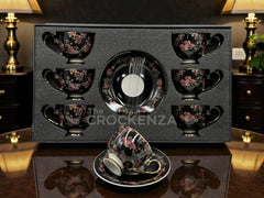 Johnson Bros Inspired 12-Piece Black Floral Cups & Saucers Set – Luxury Rose Bloom Edition