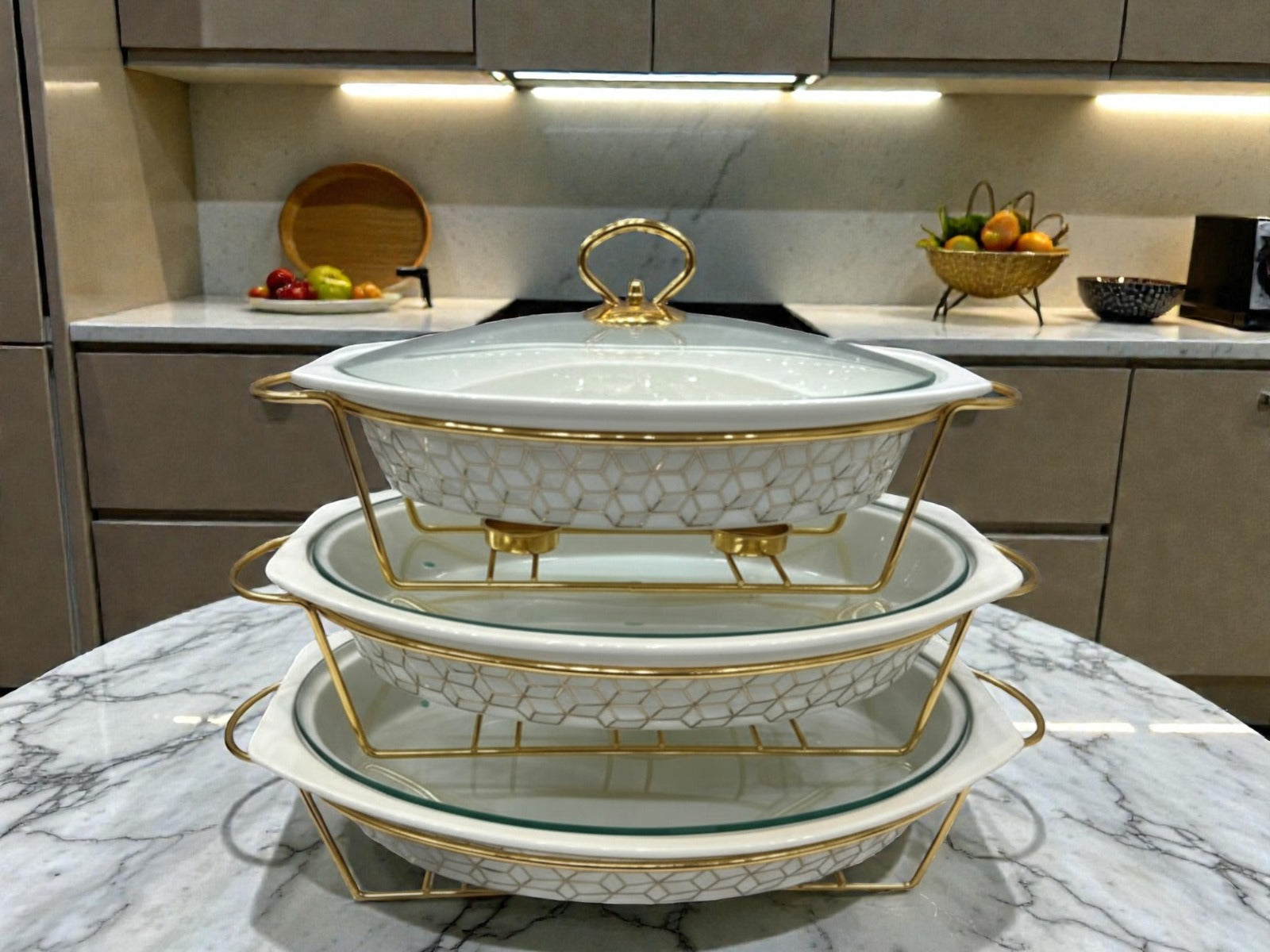 Imported Luxury Oval Serving Dishes (White Textured) with Glass Lid & Side Handles for Easy handling - Three Sizes