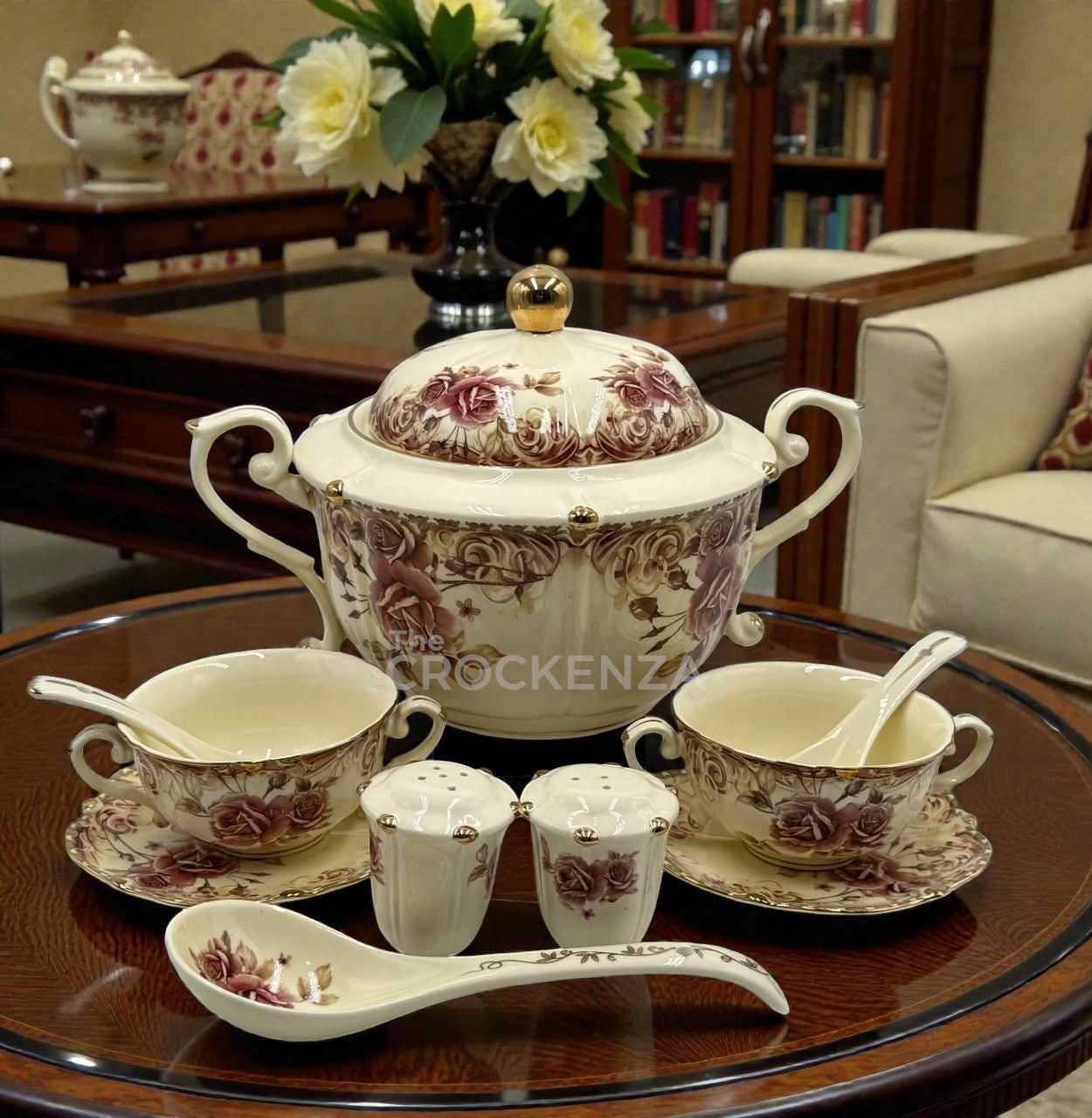 Vintage Rose 23-Piece Royal Albert inspired Soup Set – Heirloom Quality Off-White Dinnerware with Gold Accents