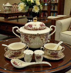 Vintage Rose 23-Piece Royal Albert inspired Soup Set – Heirloom Quality Off-White Dinnerware with Gold Accents