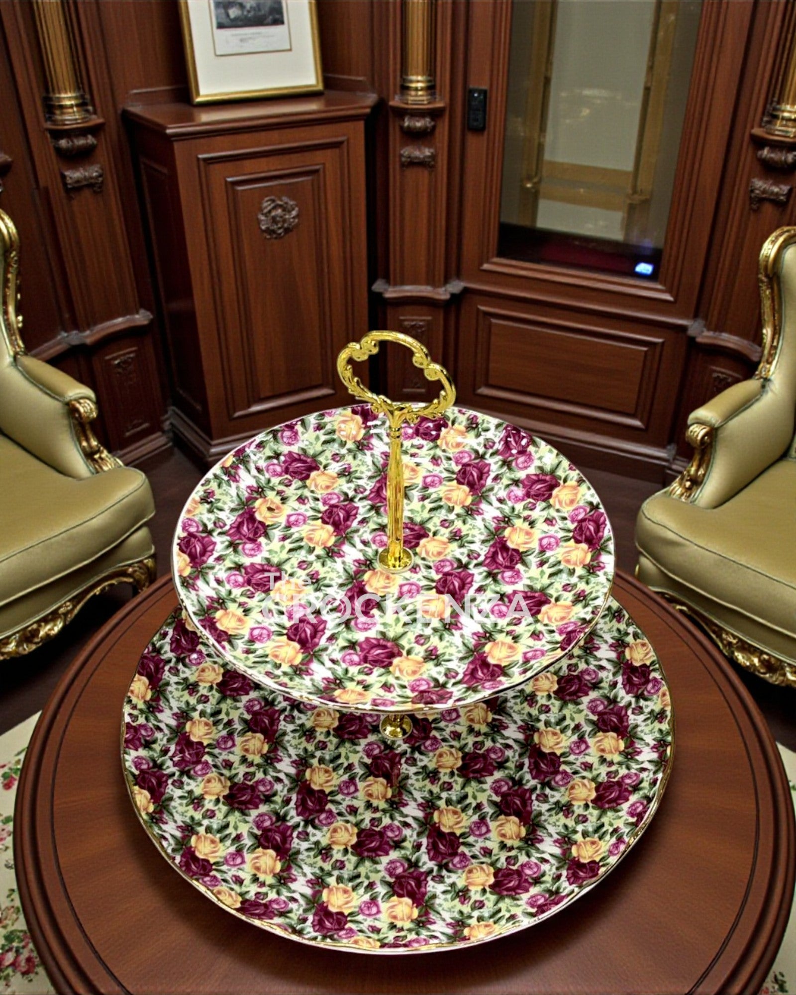 Royal Albert-Inspired 2-Tier Bone China Pastry Stand – Elegant Floral Design with Gold Handle