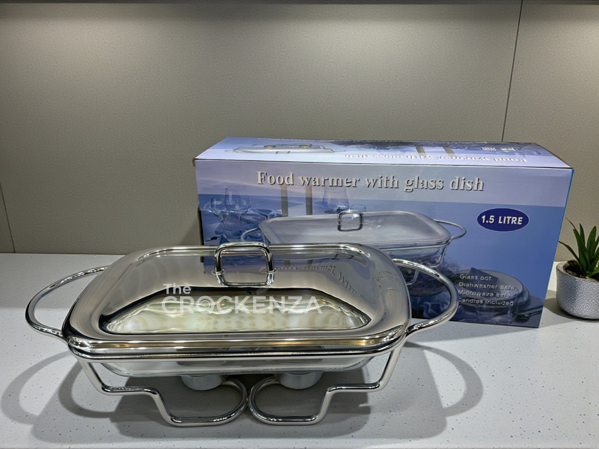 Luxury 1.5L Rectangular Glass Chafing Dish with Mirror-Finish Stainless Steel Lid & Candle Stand