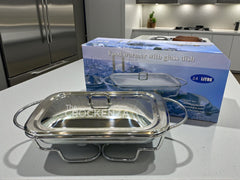Luxury 2.4L Rectangular Glass Chafing Dish with Mirror-Finish Stainless Steel Lid & Candle Stand