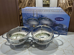 Luxury Twin Oval Glass Chafing Dish Set – 2 × 1.5L Heat-Resistant Serving Warmers with Stainless Steel Lid & Stand