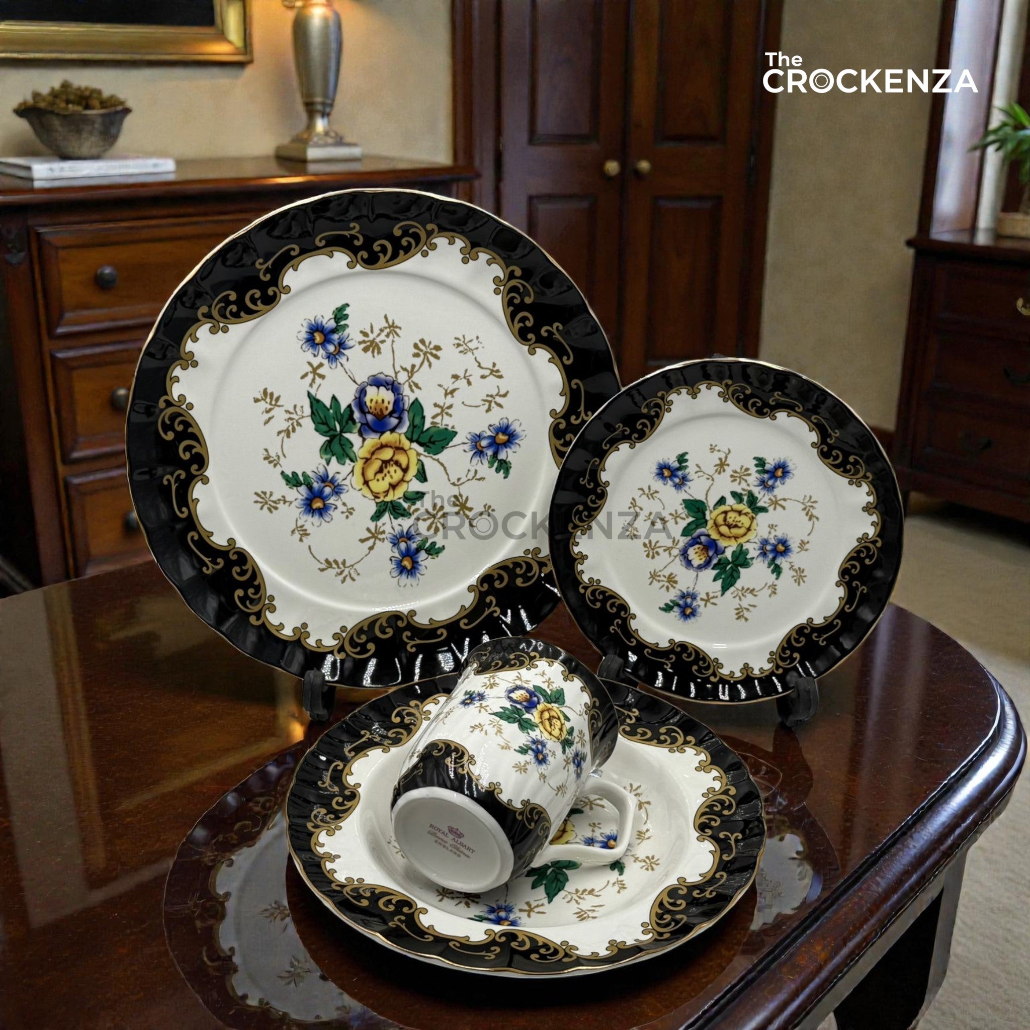 Midnight Bloom Luxury 24-Piece Royal Albert inspired Plate & Mug Set | The Crockenza Exclusive