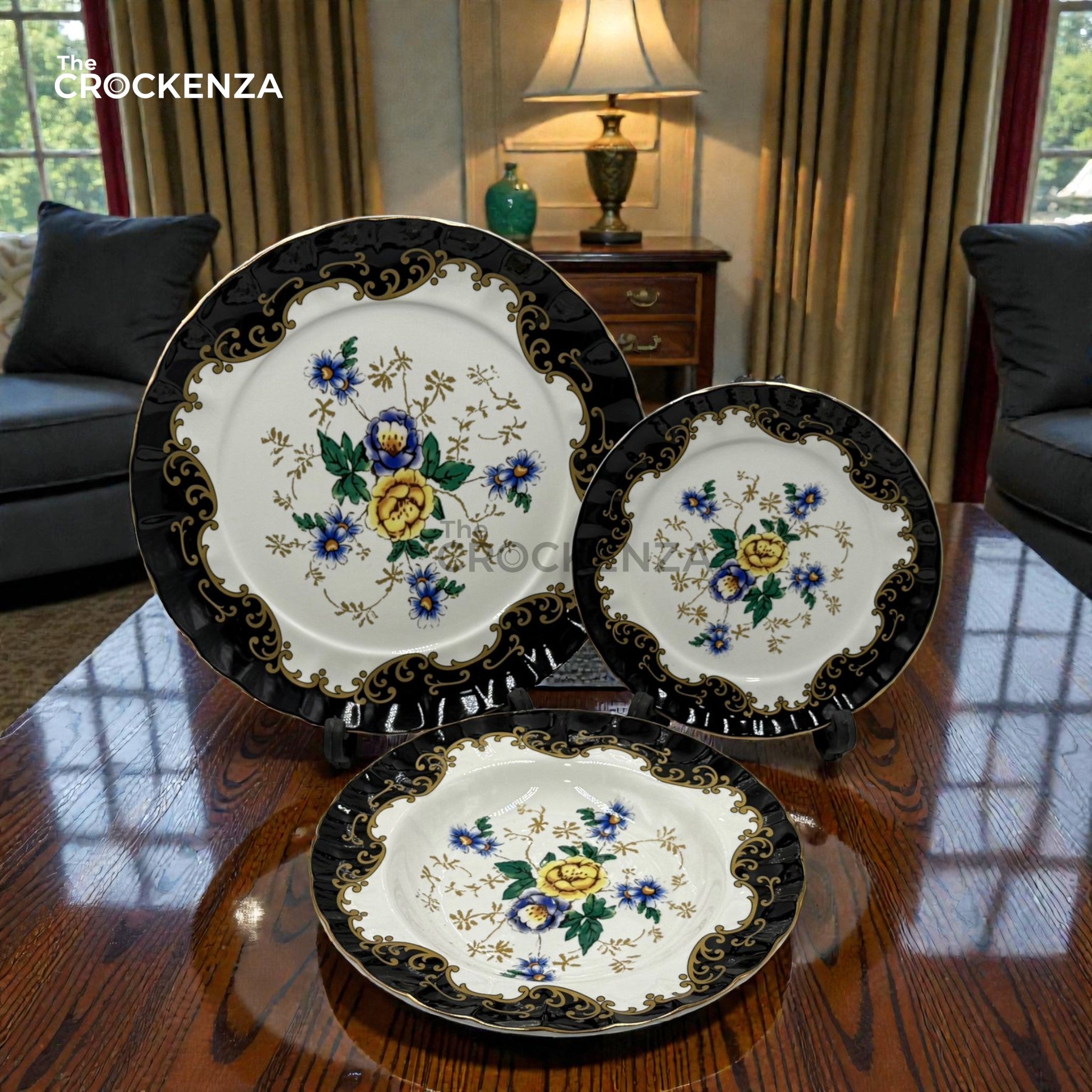 Midnight Bloom Luxury 24-Piece Royal Albert inspired Plate & Mug Set | The Crockenza Exclusive