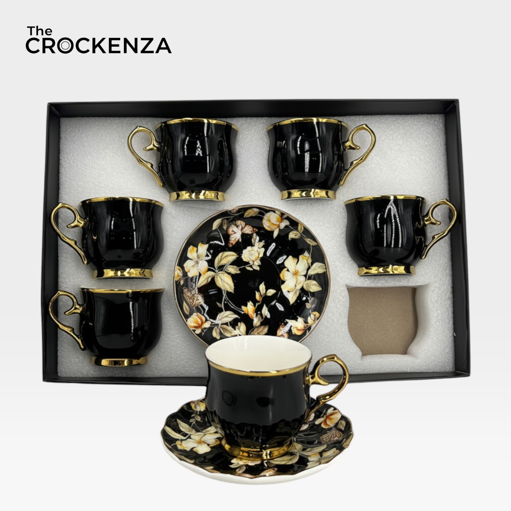 Luxury Black & Gold Cup & Saucer Set | Imported Floral Tea & Coffee Cups