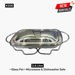 Luxury 2.4L Rectangular Glass Chafing Dish with Mirror-Finish Stainless Steel Lid & Candle Stand