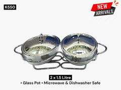 Luxury Twin Oval Glass Chafing Dish Set – 2 × 1.5L Heat-Resistant Serving Warmers with Stainless Steel Lid & Stand