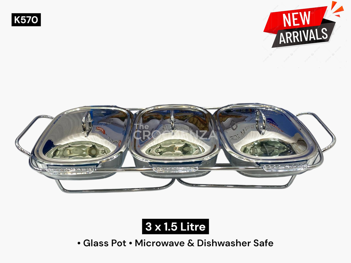 Luxury 3-in-1 Glass Chafing Dish Set – 3 × 1.5L Heat-Resistant Serving Warmers with Stainless Steel Stand