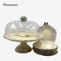 Royal Albert–Inspired 9-Pcs Bone China Cake Set | Floral Elegance with Acrylic Dome lid