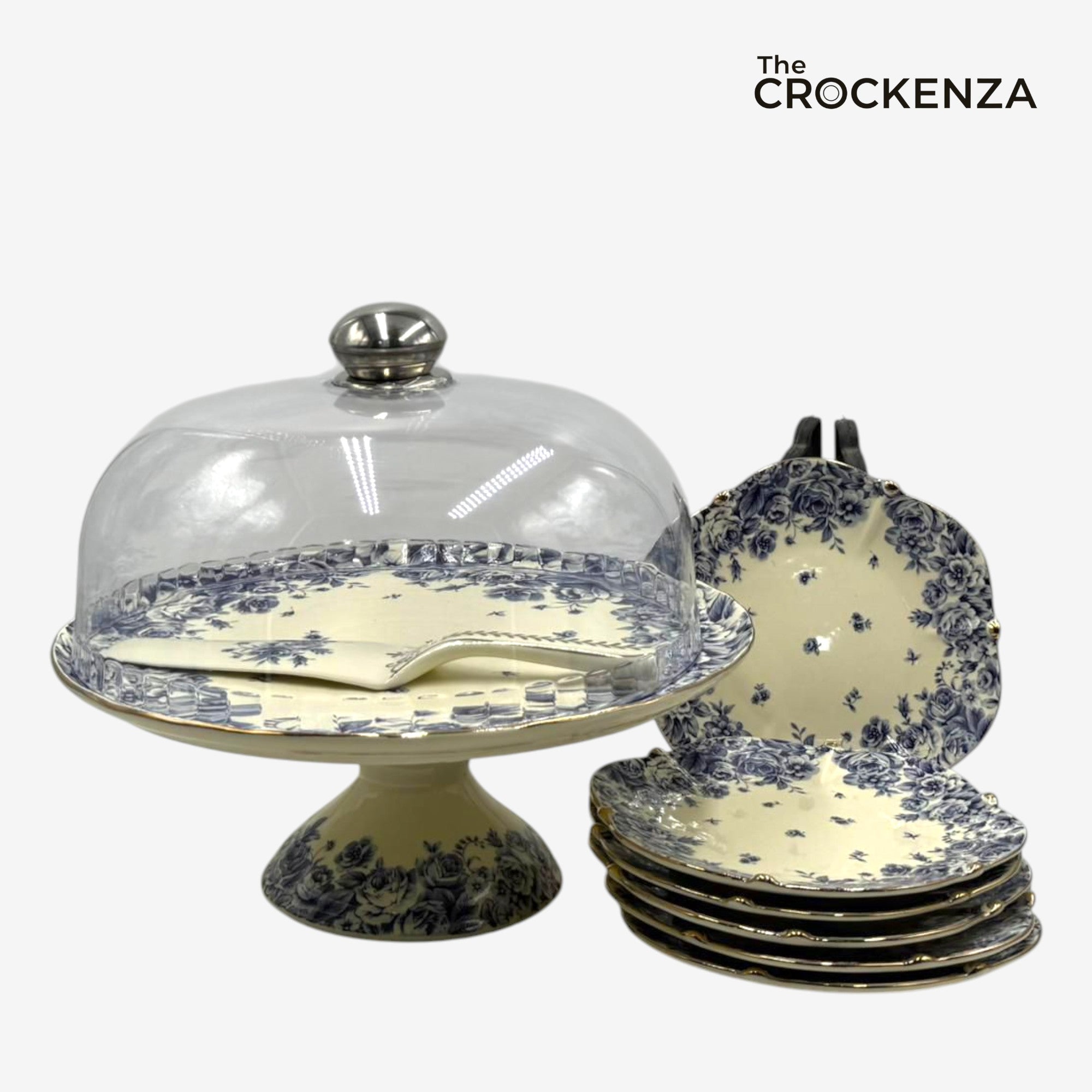 Royal Albert–Inspired 9-Pcs Bone China Cake Set | Floral Elegance with Dome