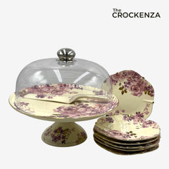 Royal Albert–Inspired 9-Pcs Bone China Cake Set | Floral Elegance with Dome