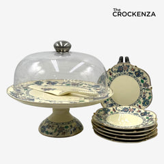 Royal Albert–Inspired 9-Pcs Bone China Cake Set | Floral Elegance with Dome