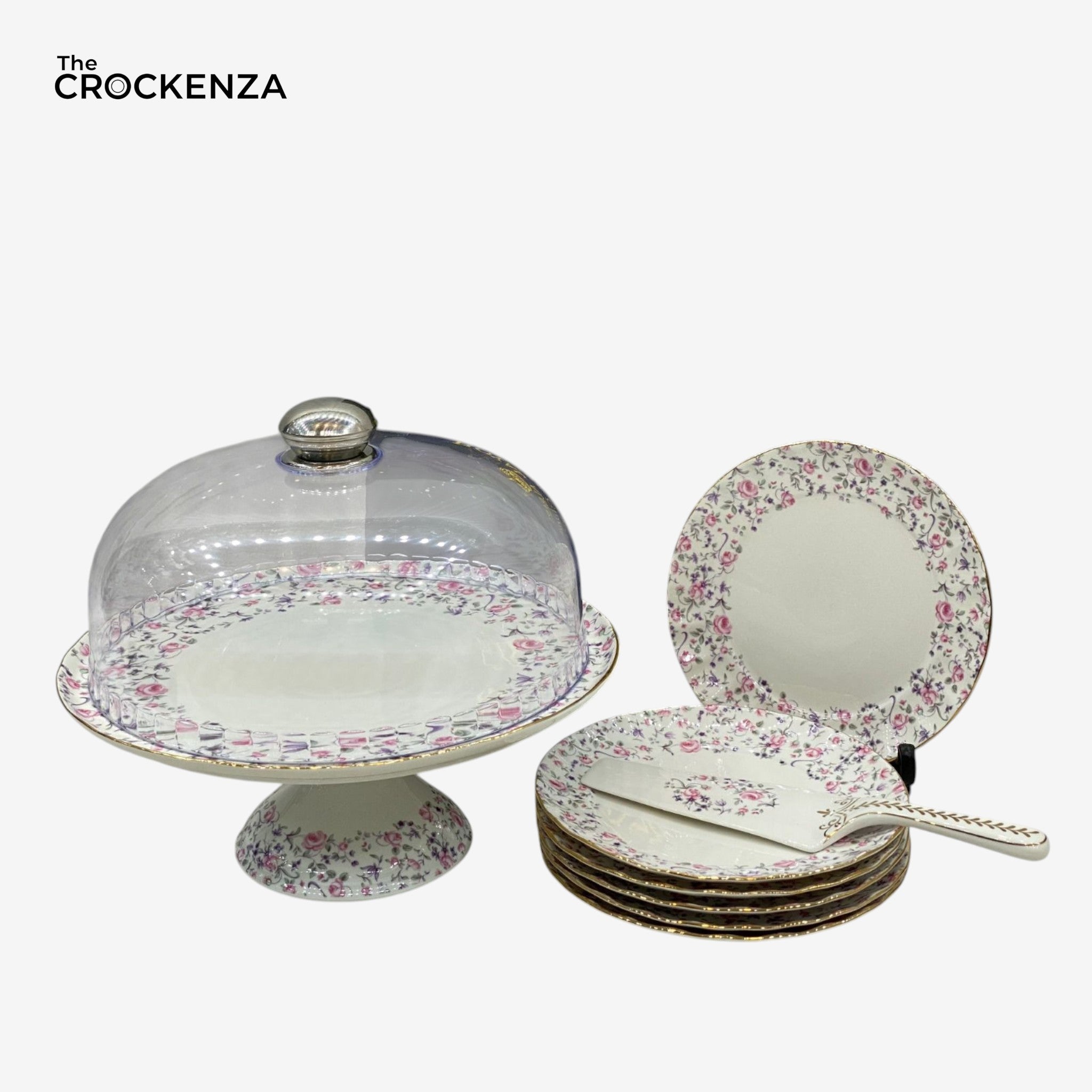 Royal Albert–Inspired 9-Pcs Bone China Cake Set | Floral Elegance with Dome