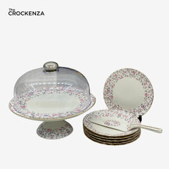 Royal Albert–Inspired 9-Pcs Bone China Cake Set | Floral Elegance with Dome