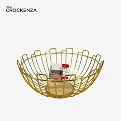 Geometric Gold Wire Fruit Basket with Wooden Base - Modern Kitchen Countertop Storage & Luxury Table Centerpiece