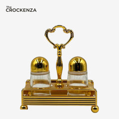 Chic Gold-Tone Diner-Style Salt &amp; Pepper Caddy Set with Clear Glass Shakers