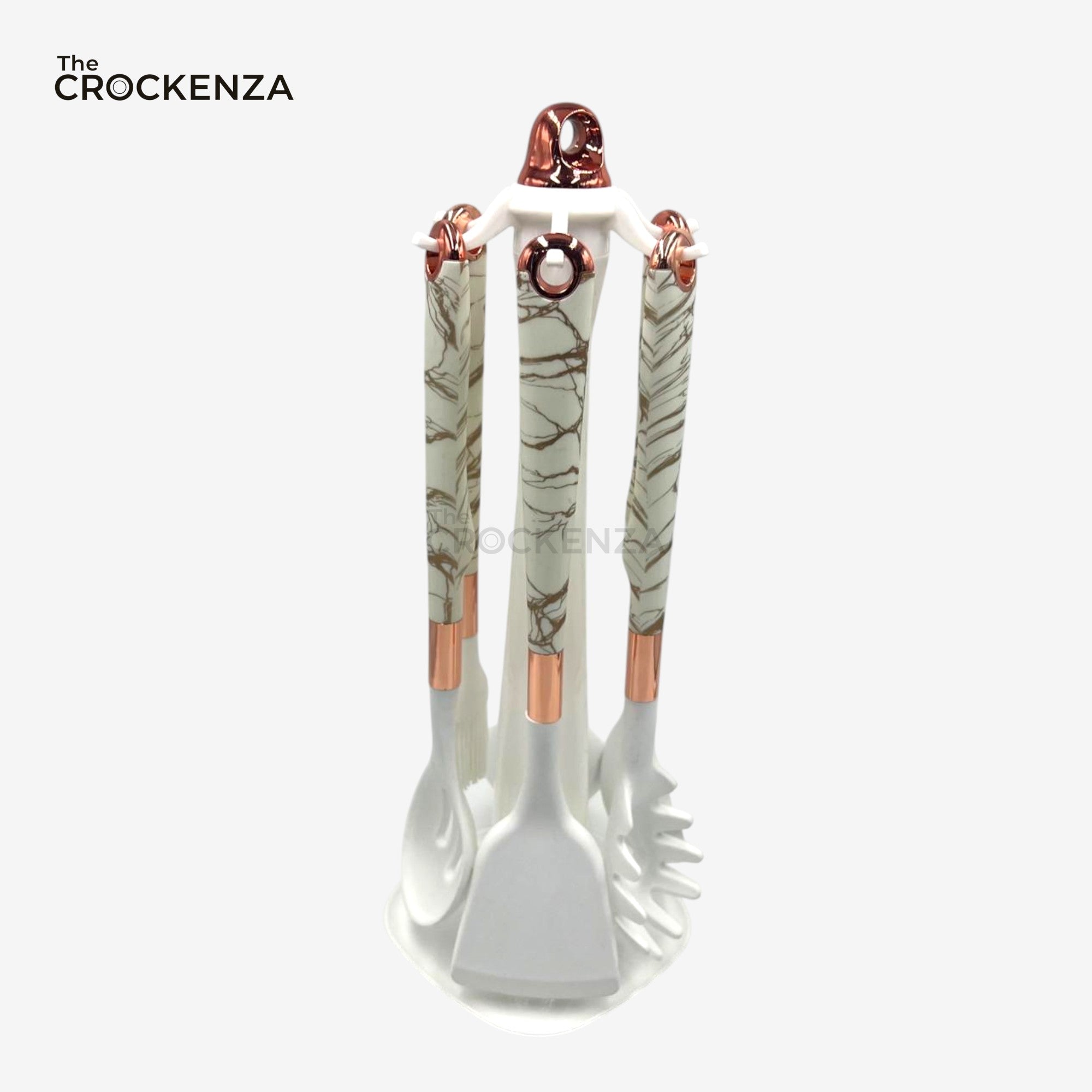 Luxury 7-Piece Silicone Kitchen Utensil Set with Stand – White & Gold Marble Design – Heat Resistant, Non-Stick Cooking Tools with Rose Gold Accents