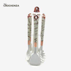 Luxury 7-Piece Silicone Kitchen Utensil Set with Stand – White & Gold Marble Design – Heat Resistant, Non-Stick Cooking Tools with Rose Gold Accents