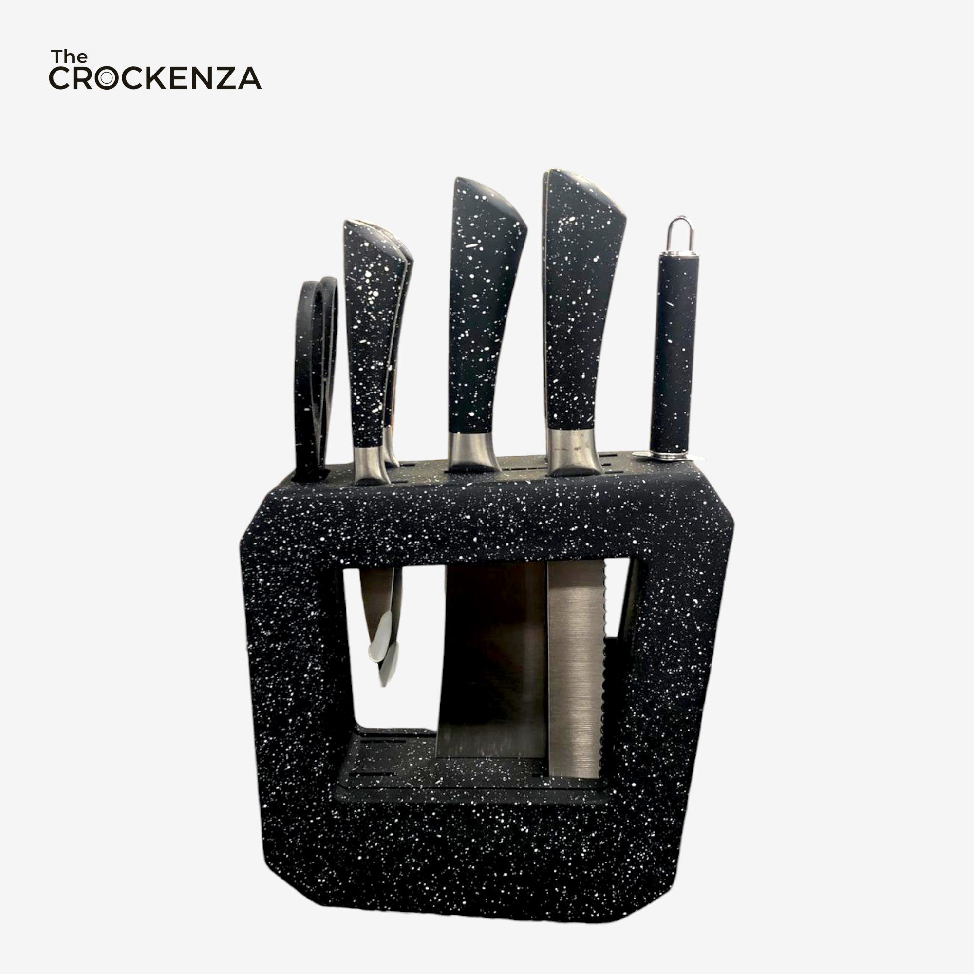 Luxury 7-Piece Knife Set with Meat Cleaver & Designer Block – Speckled Granite Black Finish – High-Carbon Stainless Steel