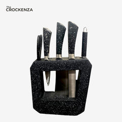 Luxury 7-Piece Knife Set with Meat Cleaver & Designer Block – Speckled Granite Black Finish – High-Carbon Stainless Steel