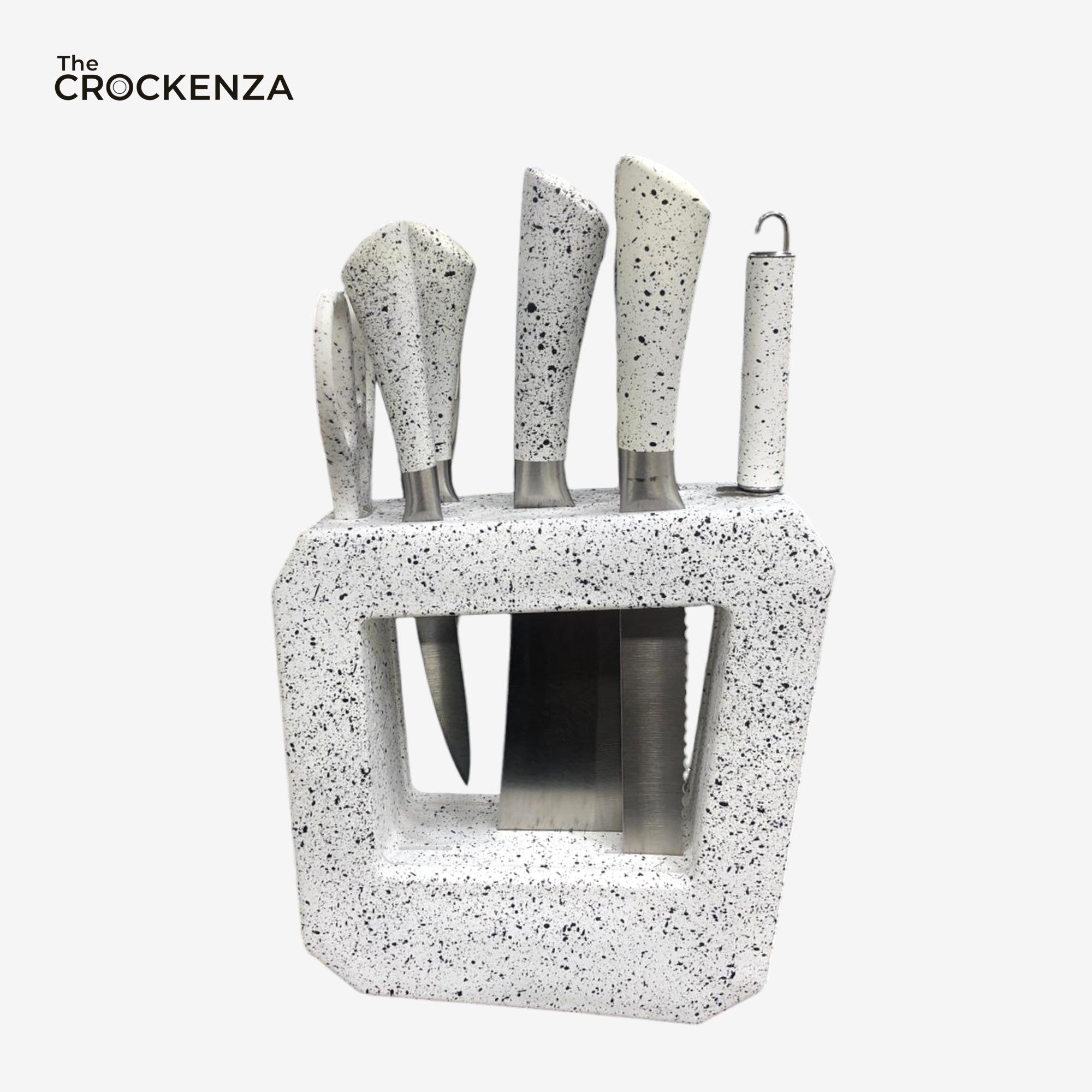 Luxury 7-Piece Knife Set with Meat Cleaver – White Granite Speckled Finish – High-Carbon Stainless Steel Blades with Modern Geometric Block.