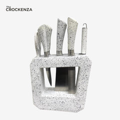 Luxury 7-Piece Knife Set with Meat Cleaver – White Granite Speckled Finish – High-Carbon Stainless Steel Blades with Modern Geometric Block.