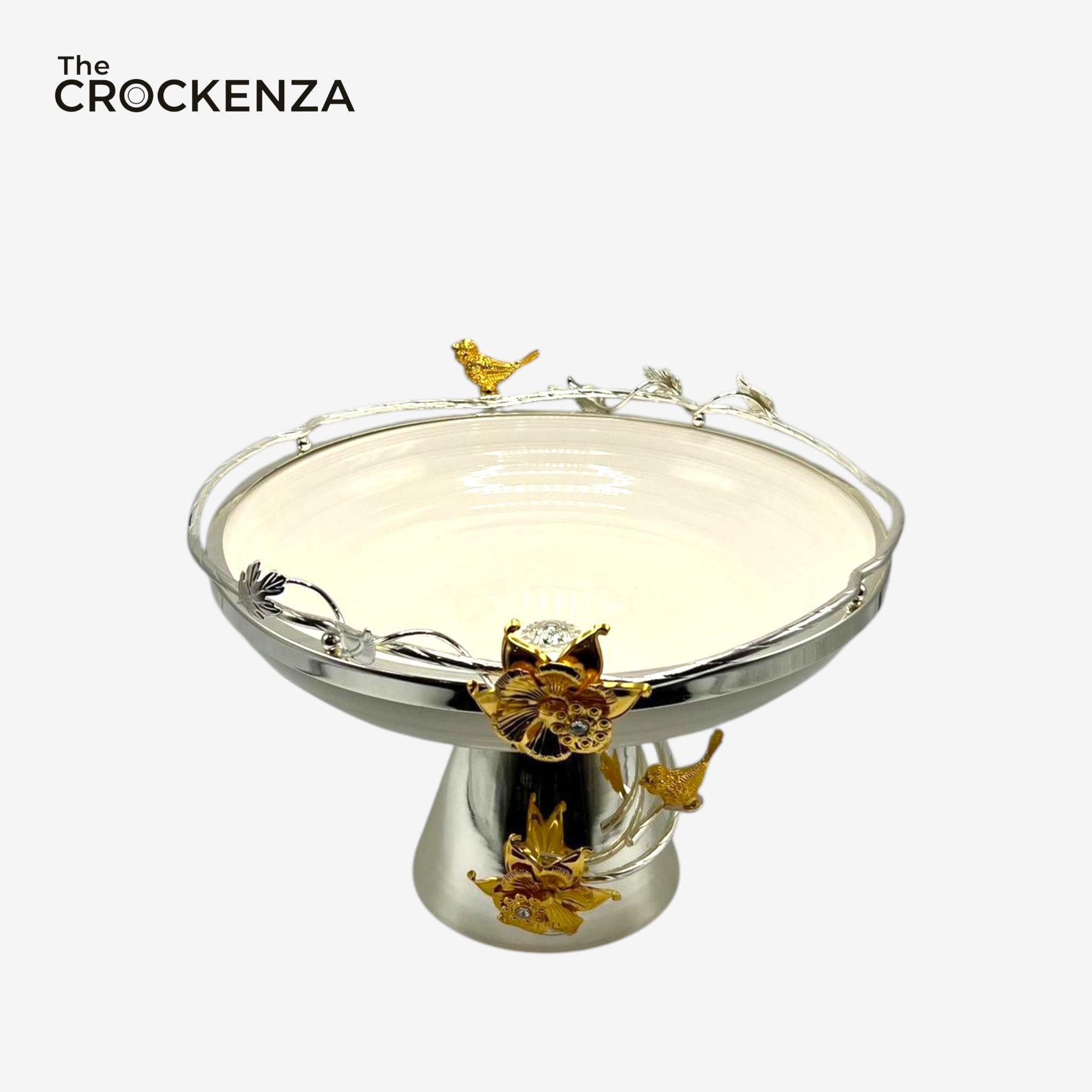 Luxury Silver Pedestal Fruit Bowl with Decorative Bird & Floral Accents