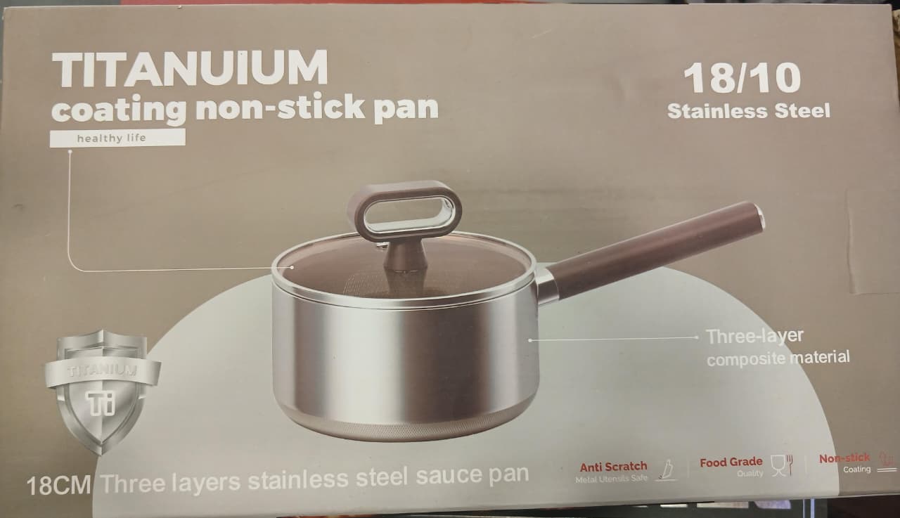 Anti-Scratch Titanium Non-Stick Sauce Pan with Glass Lid | Stainless Steel Skillet | Heat-Resistant Handle