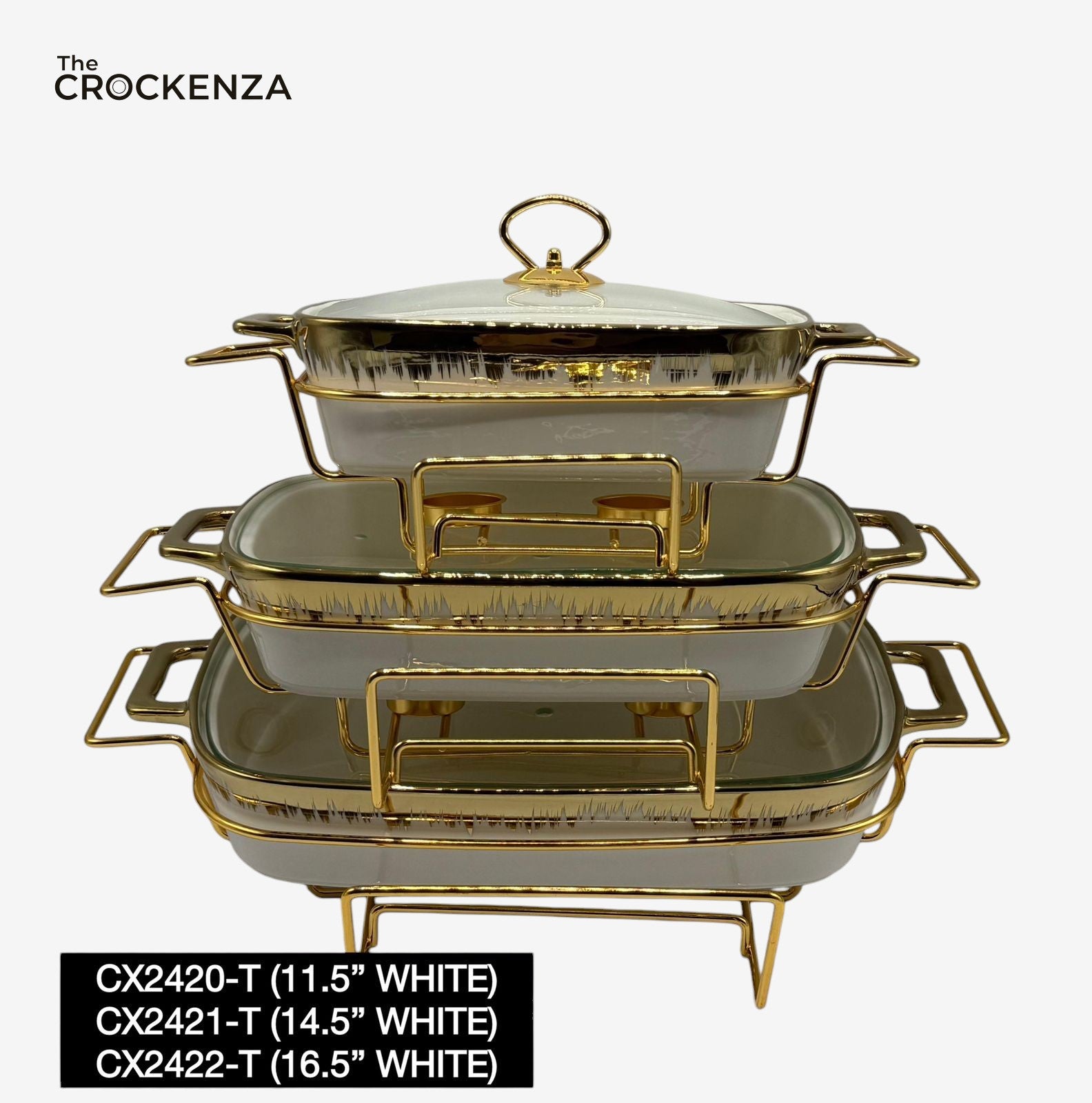 3-Piece Textured Buffet Servers Set with Gold Stand & Glass Lids – Elegant Chafing Dishes for Dawat, Parties,