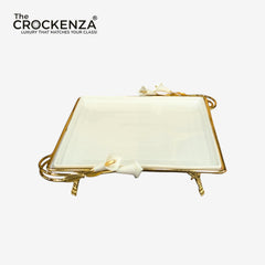 Opulent White Ceramic Square Platter with Ornate Gold Base