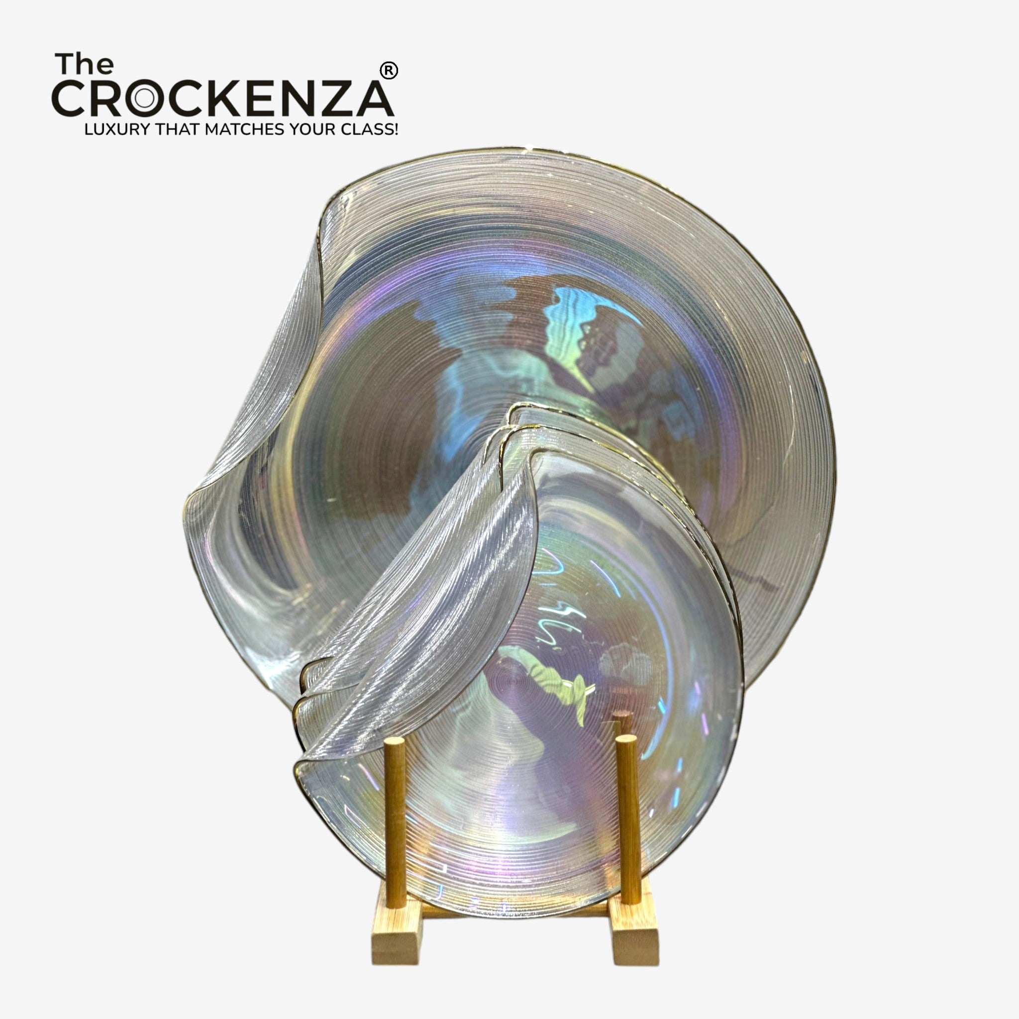 KYNZO Aurora 7-Piece Dessert & Cake Platter Set – Textured Pearlescent Glass with Gold Edging