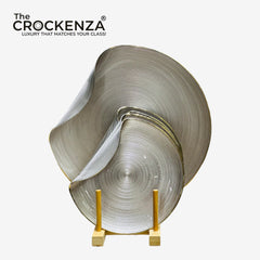 KYNZO Aurora 7-Piece Dessert & Cake Platter Set – Textured Metallic Champagne Silver with Gold Edging