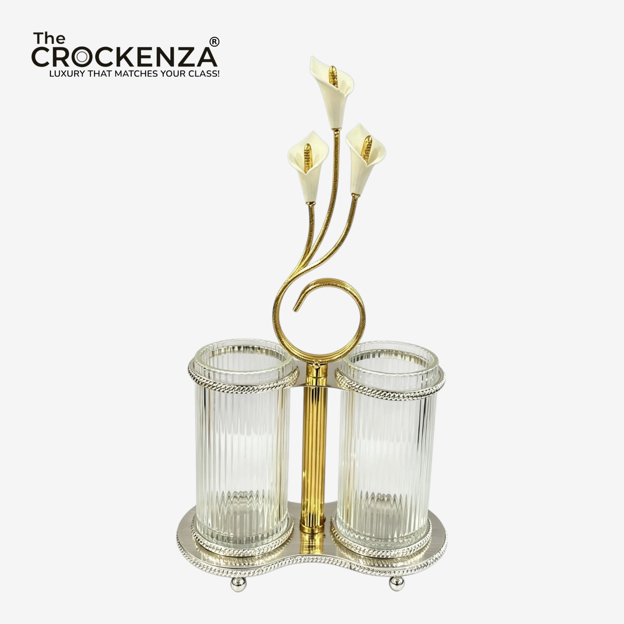 Luxury Silver Spoon Holder with Dual Glass Containers – Elegant Tabletop Cutlery Organizer