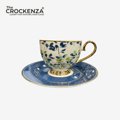 Premium 12-Piece Botanical Cups & Saucers Set — Fresh Blue & Green Leaf Johnson Bros inspired Design