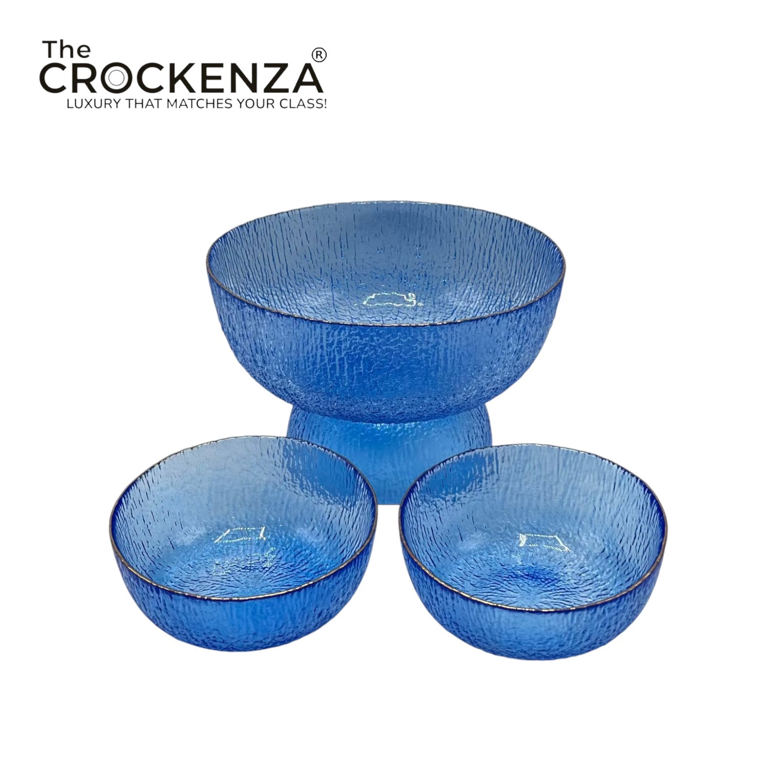 7-Piece Luxury Blue Textured Glass Serving Bowl Set with Gold Rim – 1 Large & 6 Small Bowls