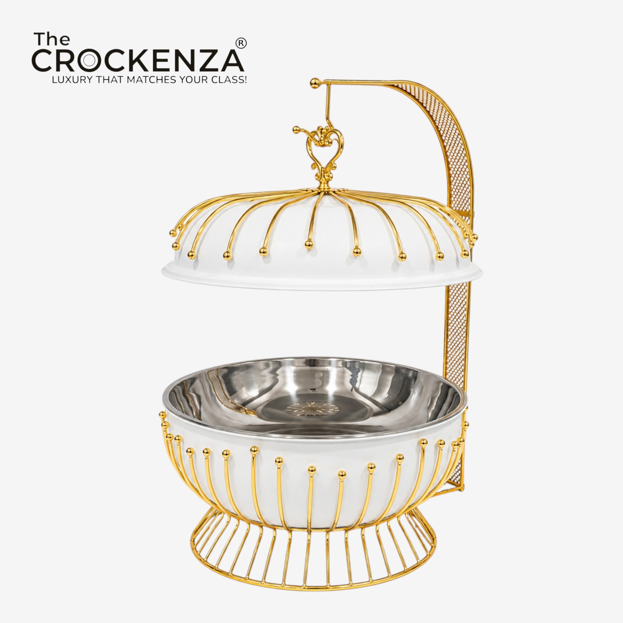 Luxury White & Gold Stainless Steel Buffet Dish with Hanging Lid (8 Litre) – Premium Royal Serving Dish