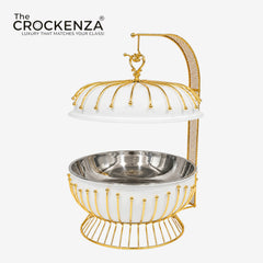 Luxury White & Gold Stainless Steel Buffet Dish with Hanging Lid (8 Litre) – Premium Royal Serving Dish