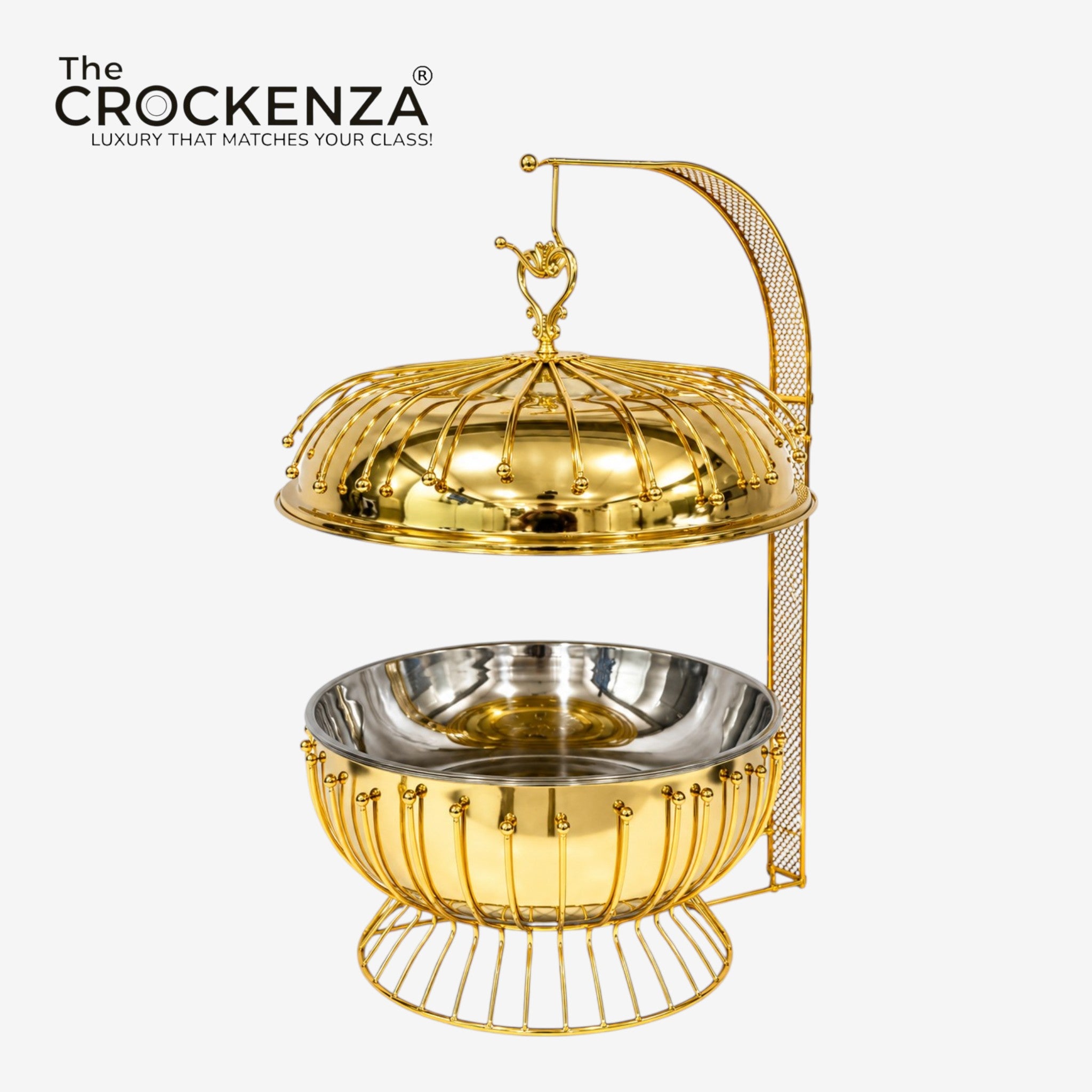 8L Luxury Golden Stainless Steel Buffet Dish with Hanging Lid – Premium Large Capacity Serving Dish
