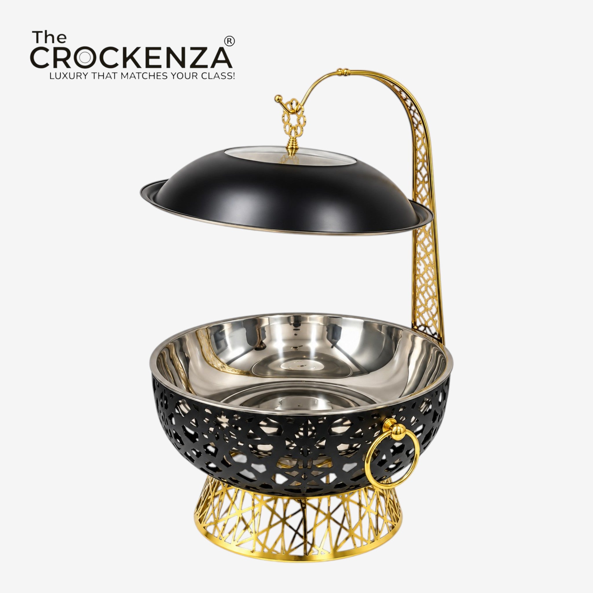 Luxury Black & Gold Stainless Steel Buffet Dish with Hanging Lid (8 Litre) – Premium Food Warmer & Serving Dish