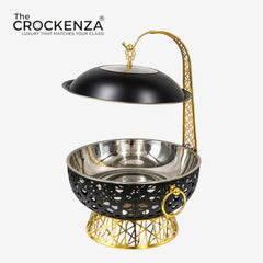 Luxury Black & Gold Stainless Steel Buffet Dish with Hanging Lid (8 Litre) – Premium Food Warmer & Serving Dish