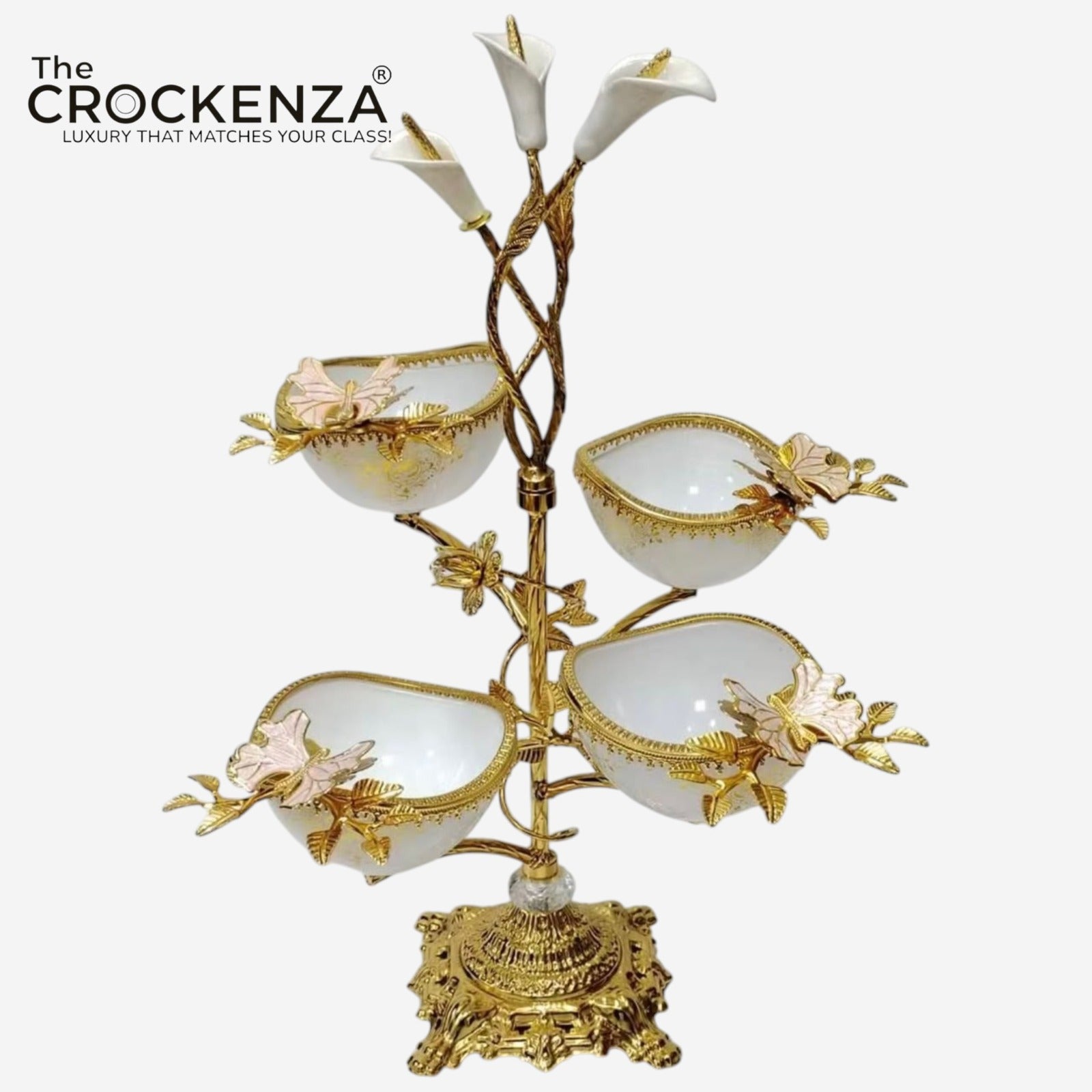 Luxury 4 Partition Dry Fruit Serving Bowl with Golden Floral Stand – Elegant Tabletop Snack & Nut Server