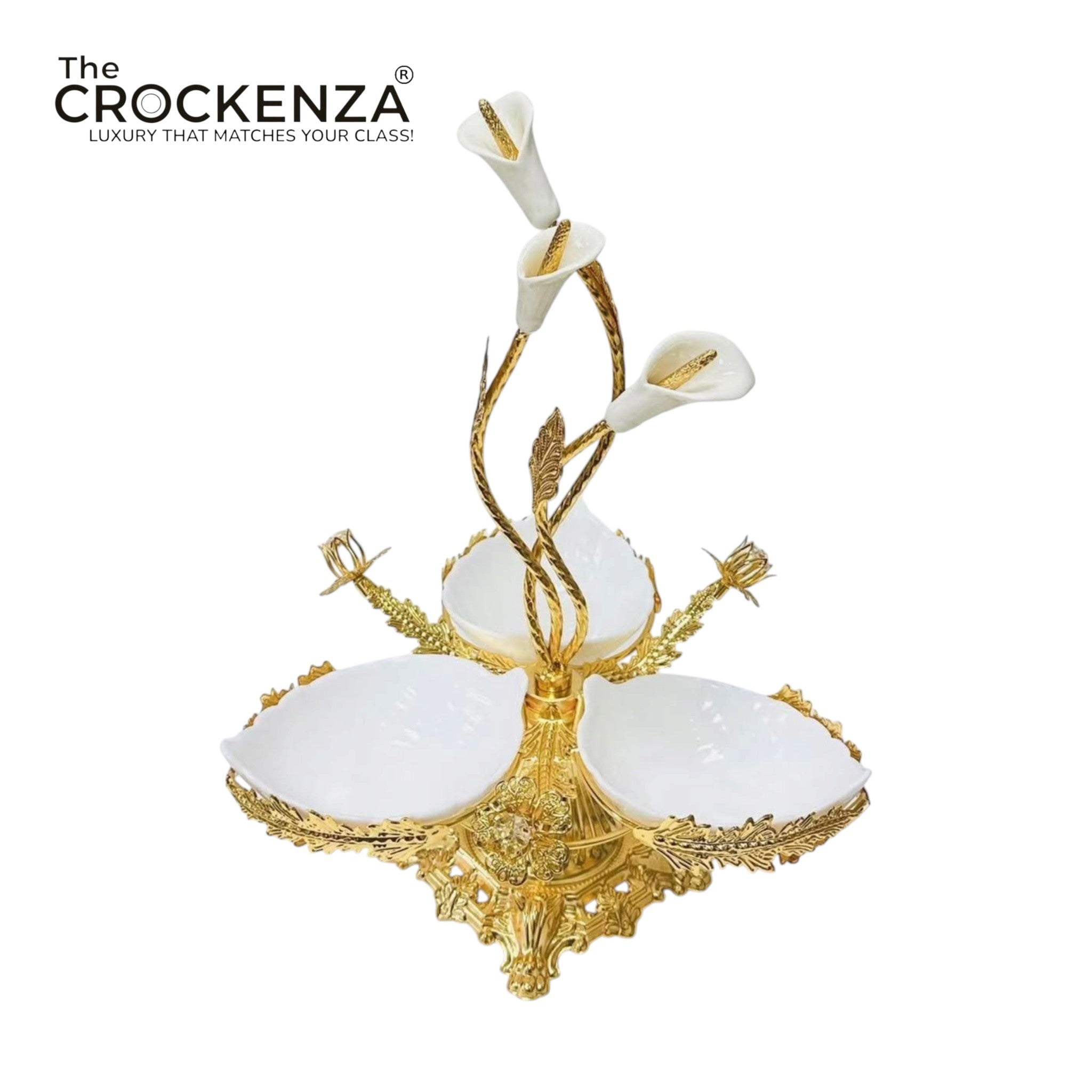 Luxury 3 Partition Dry Fruit Serving Bowl with Golden Floral Stand – Premium Decorative Nut & Snack Server