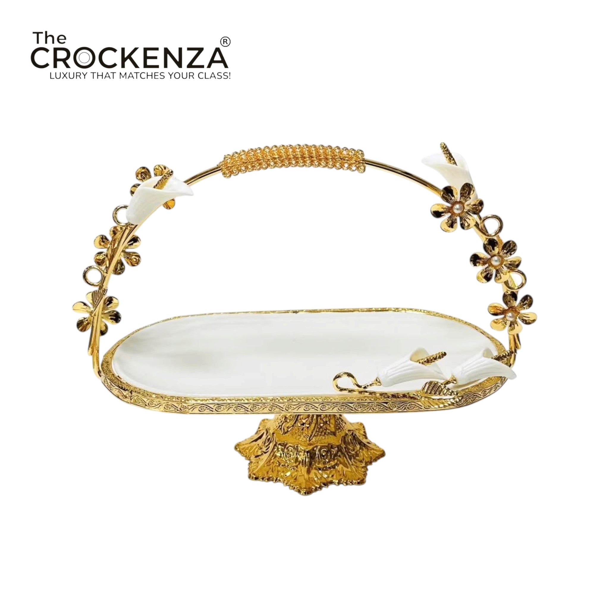 Luxury Oval Serving Platter with Golden Floral Stand & Handle – Premium White & Gold Table Centerpiece