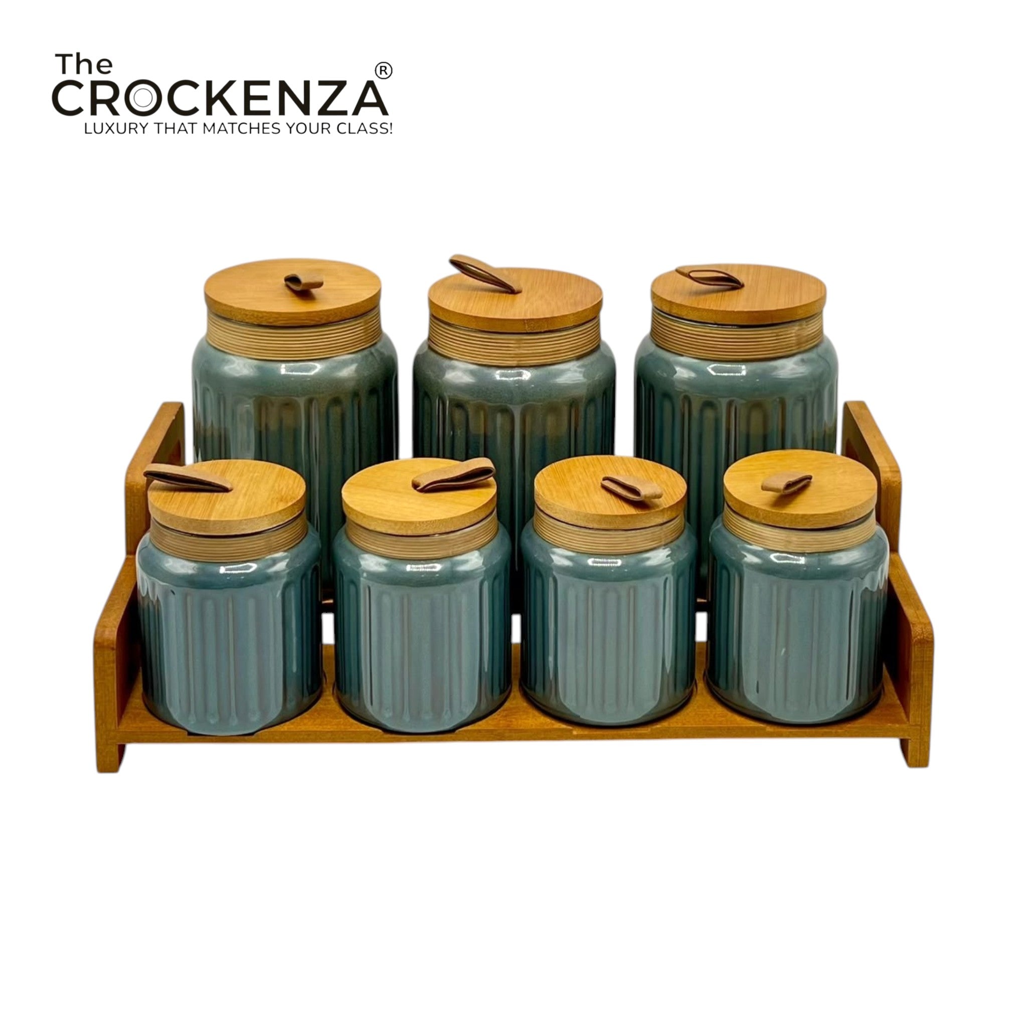 7-Piece Ceramic Kitchen Jar Set with Airtight Wooden Lids & Stand