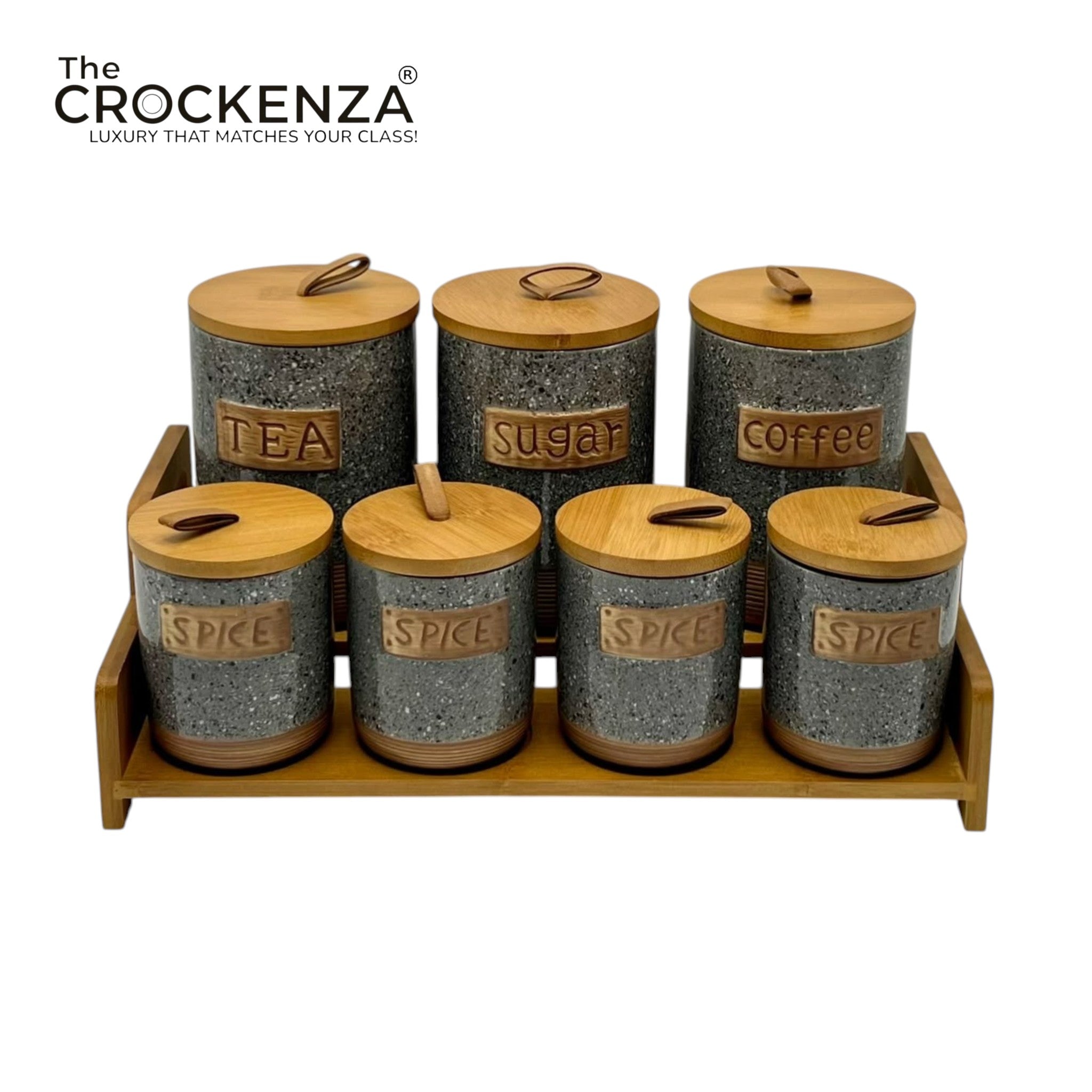 7-Piece Ceramic Airtight Jar Set with Wooden Lids & Storage Tray